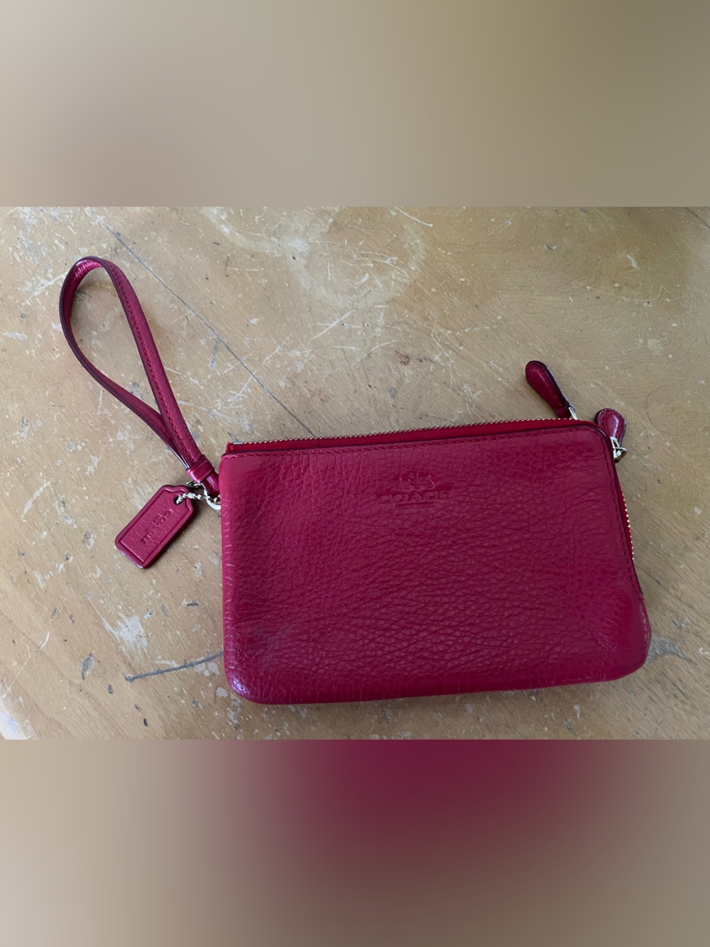 COACH | F66505 Luxury Pebble Leather Double Corner Zip Wristlet Bright Red EUC